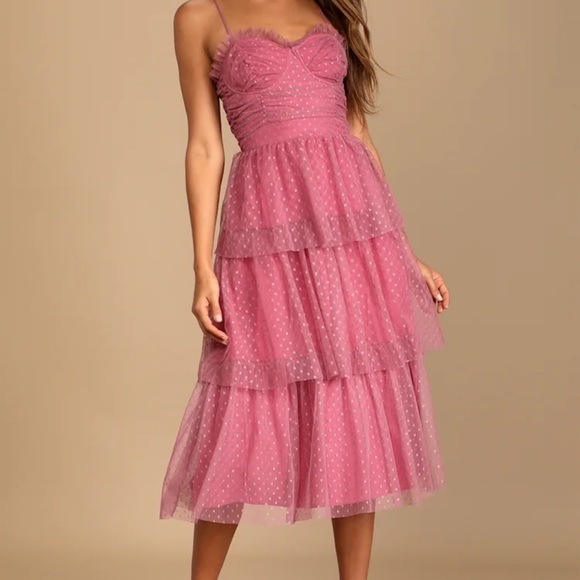 Lulus Dresses & Skirts - Lulus Sweetheart Style Mauve Polka Dot Bustier Tiered Midi Dress
